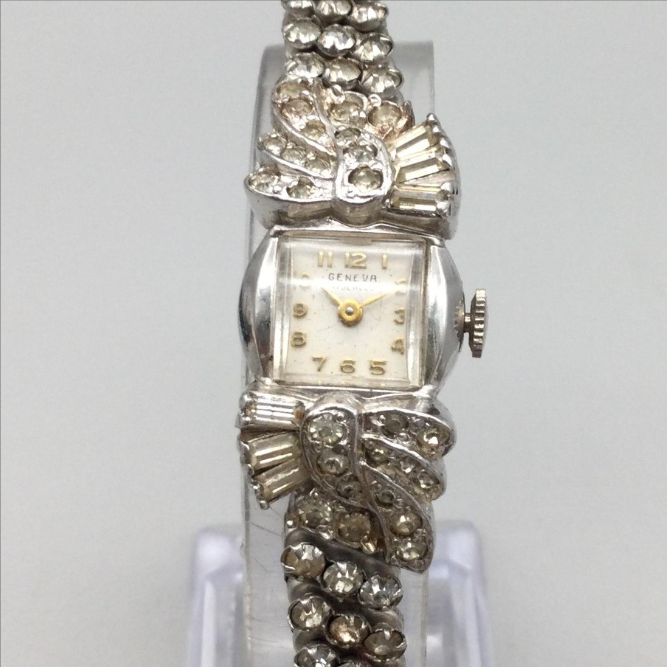 Vintage Geneva Womens Watch 16mm Silver Dial Rhinestone Stretch Band Manual Wind