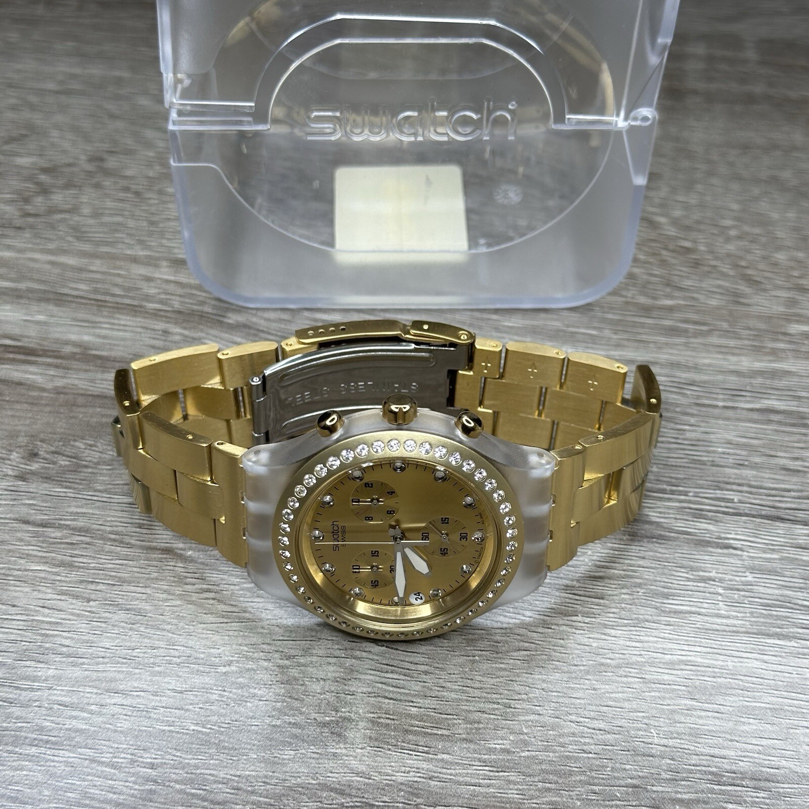 NEW✅ SWATCH IRONY FULL BLOODED GOLD CHRONO ALUMINUM 43MM WATCH SVCK4084
