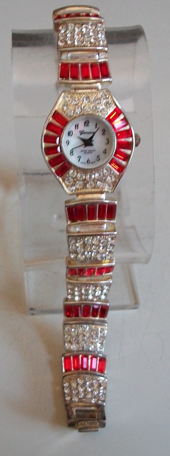 Women’s number dial red & clear rhinestone silver finish bracelet fashion watch