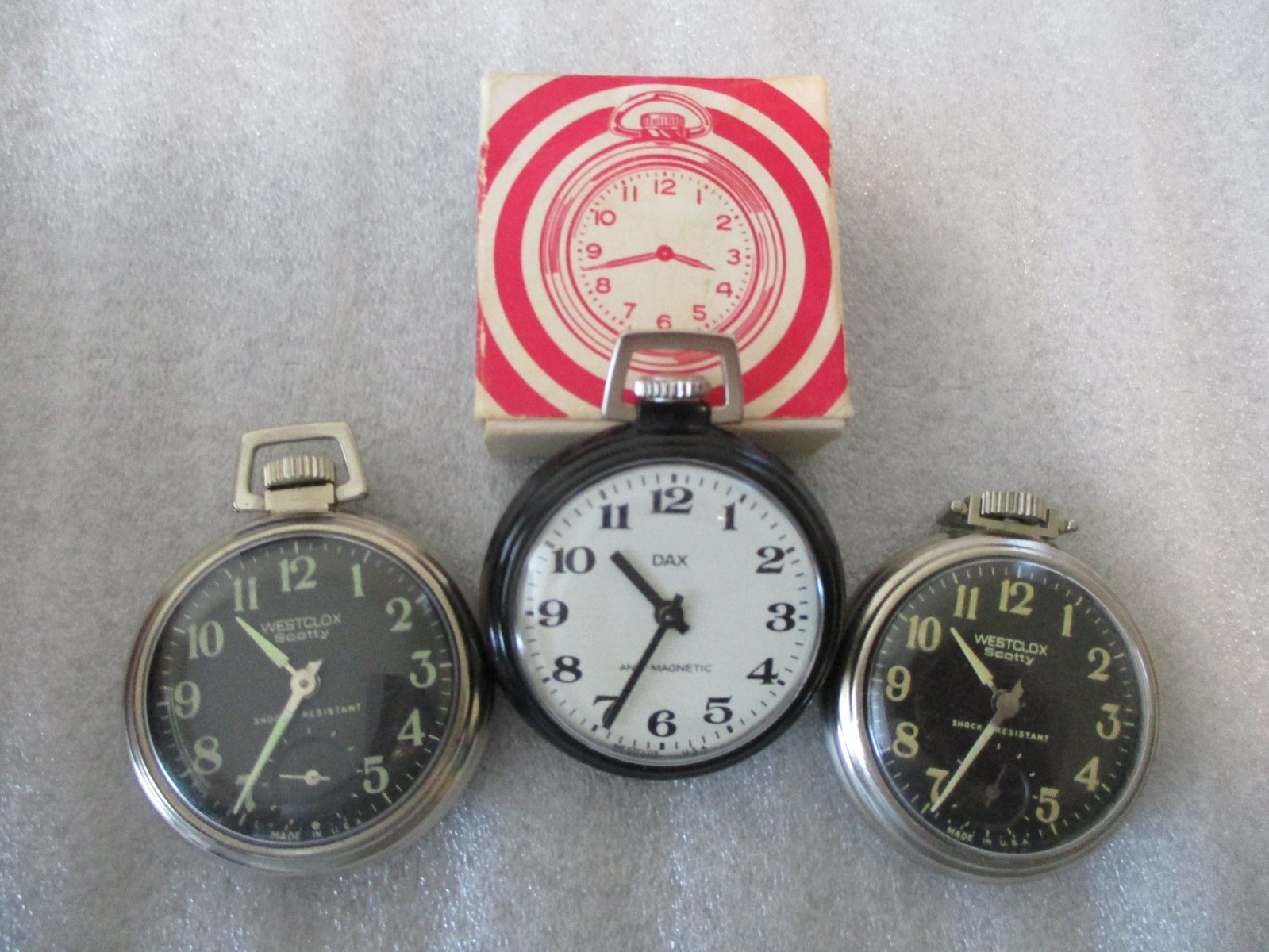 WESTCLOX SET(3) DOLLAR POCKET WATCH NOS DAX w/ORIG BOX + 2 SCOTTY LUMINOUS -RUN