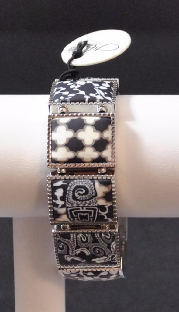 Jilzarah Black White Square Watch Polymer Clay Inlays Stretch Band Artisan