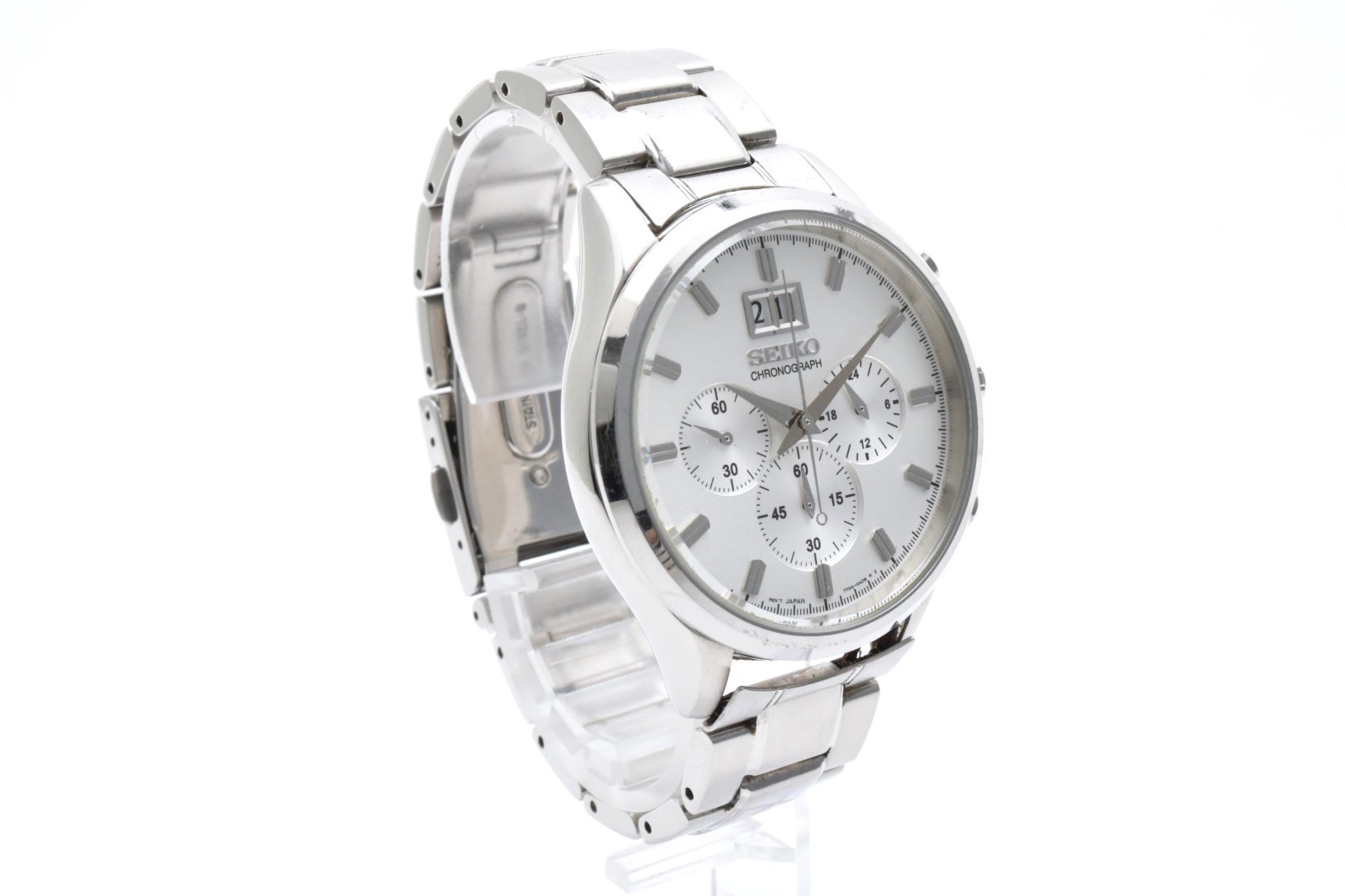 Seiko Chronograph 7T04-0AE0 White Dial Big Date Men’s Quartz Watch Silver SBPY