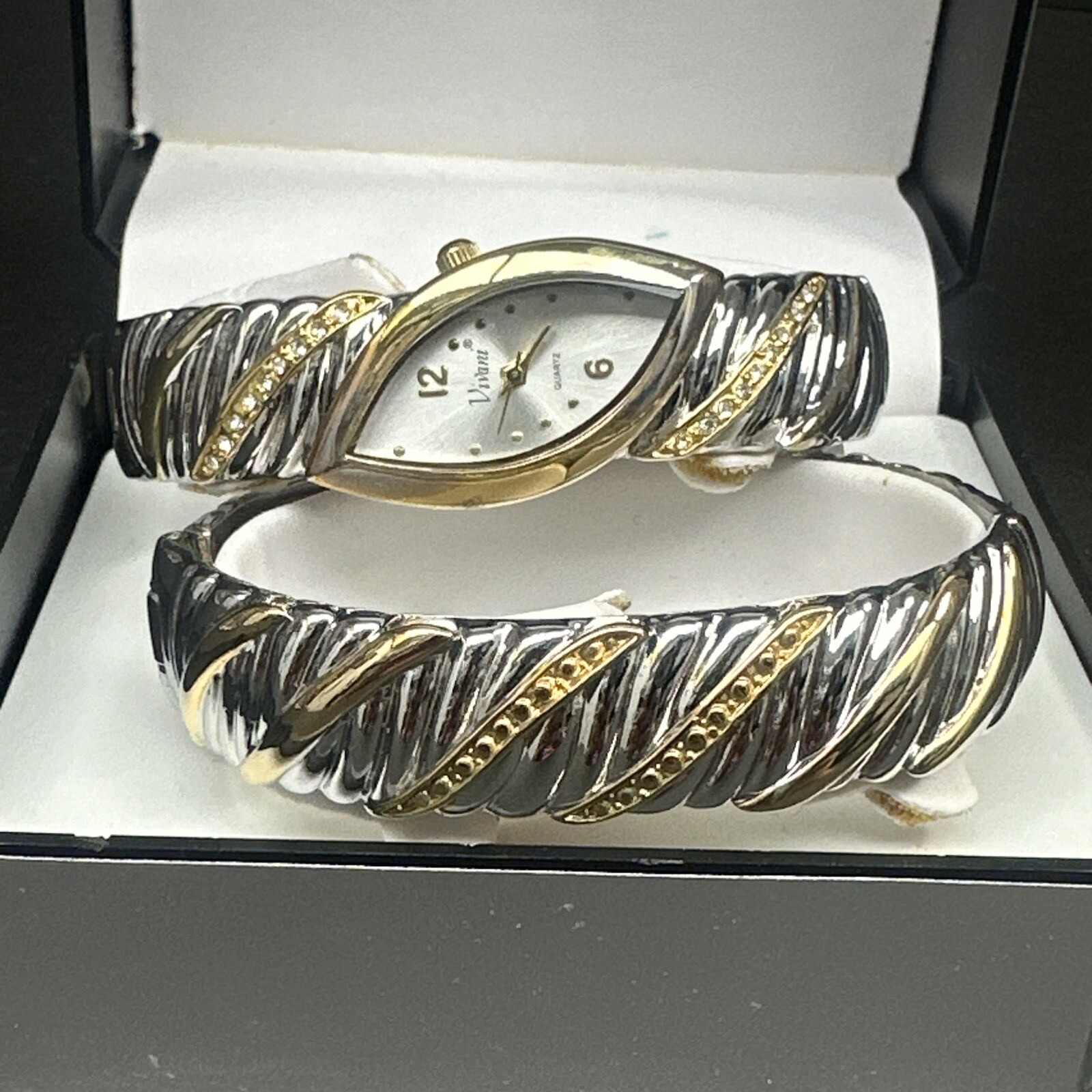 Vivani Ladies Watch Bangle Bracelet Set Silvertone Goldtone Rhinestone NIB NOS
