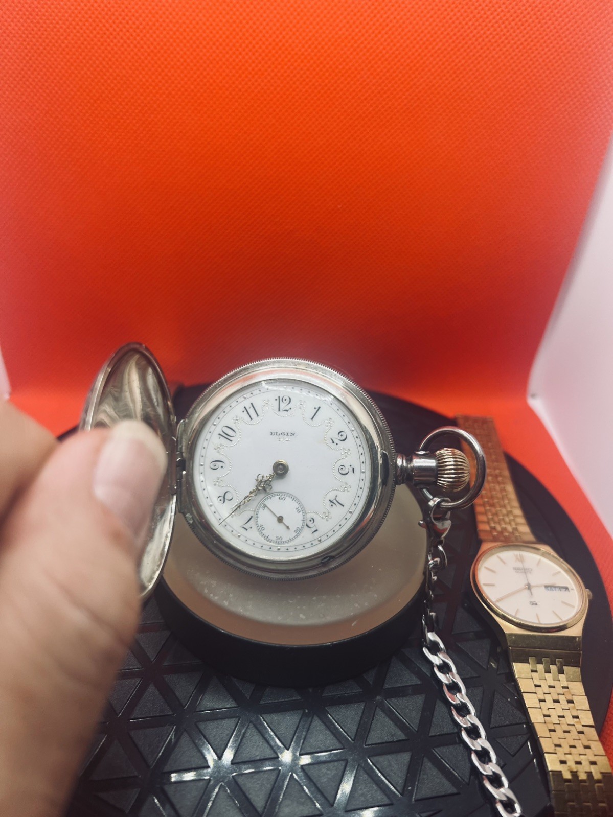 ANTIQUE ELGIN Sterling SILVER HUNTER POCKET WATCH + Stainless Steel Chain