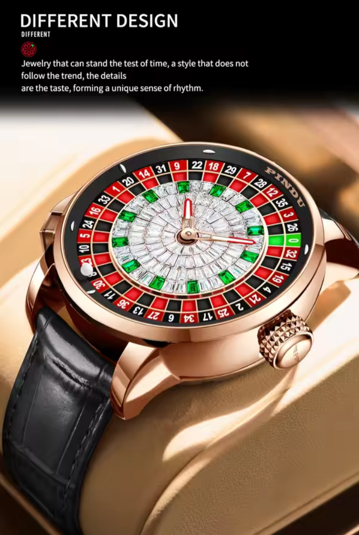 PINDU Men’s Automatic Watch 46mm Casino Roulette Leather + FREE 1 STRAP Watch