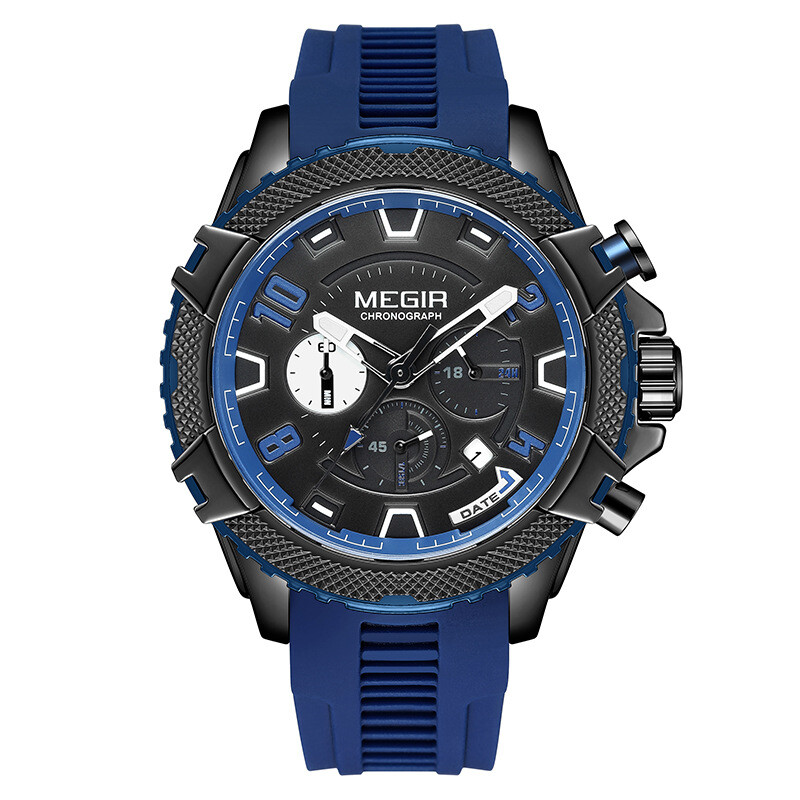 MEGIR Watch Men Waterproof Chronograph Calendar Military Male Rubber Wristwatch