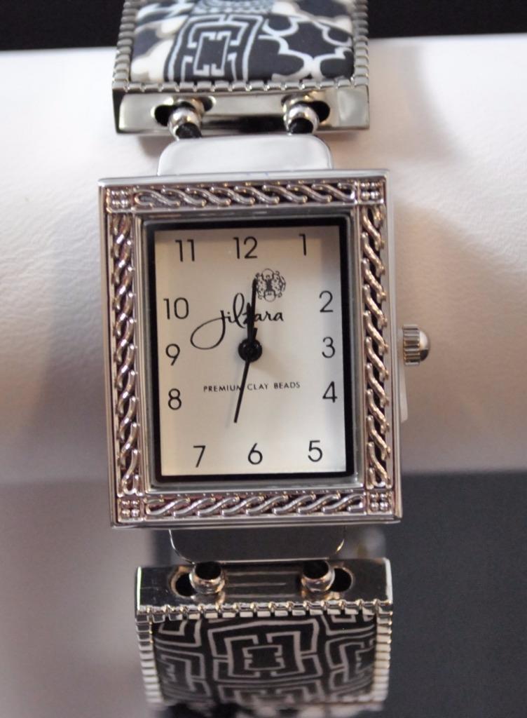 Jilzarah Black White Square Watch Polymer Clay Inlays Stretch Band Artisan