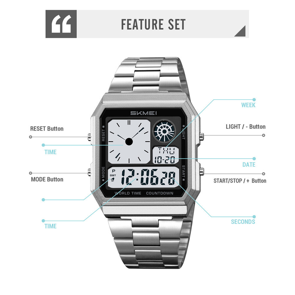 SKMEI Men Digital Watch LED Light Watch Fashion Square Steel Watches Male Gifts