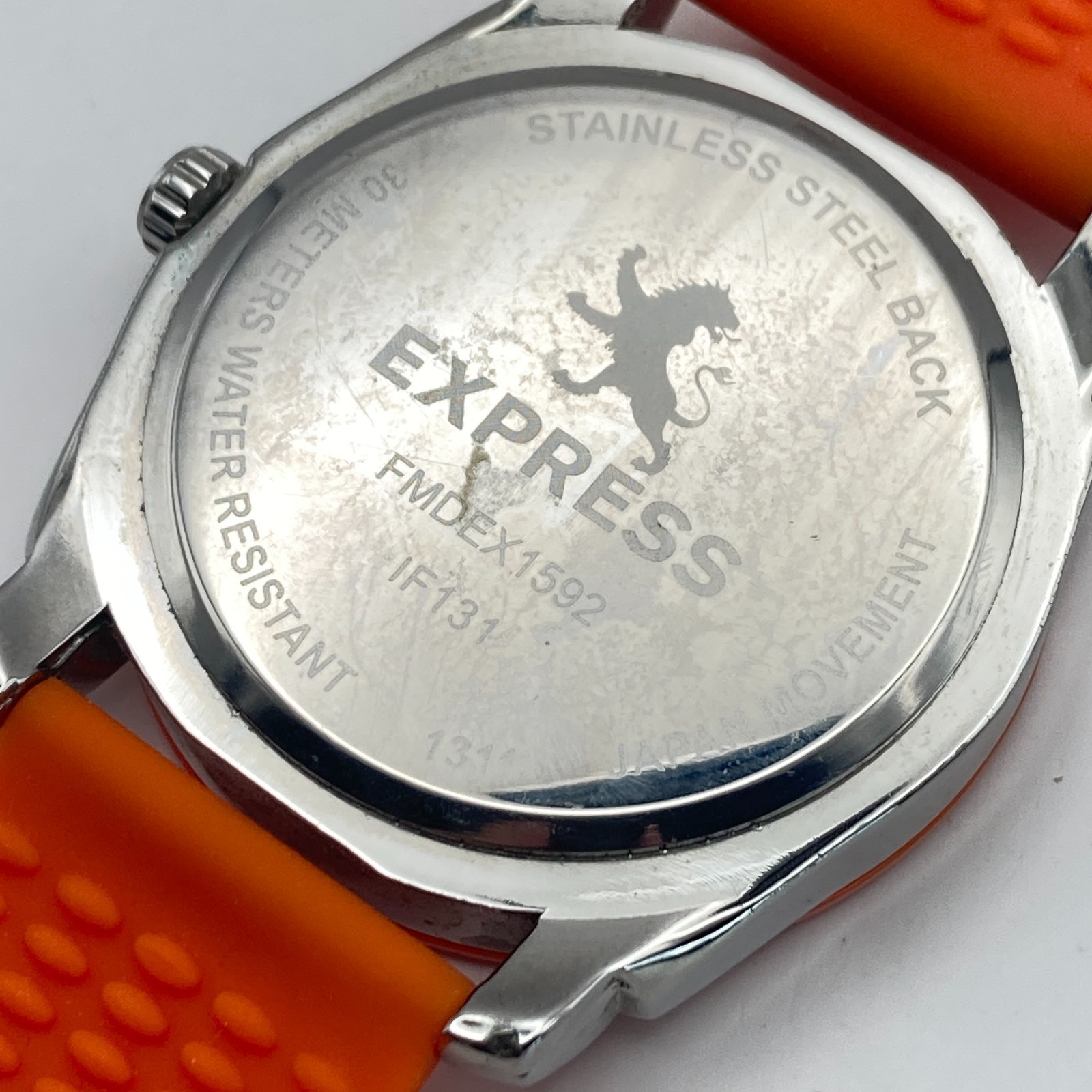 Express Men’s Watch 45mm Silver Tone Orange Day Date Silicone New Battery 9.5″