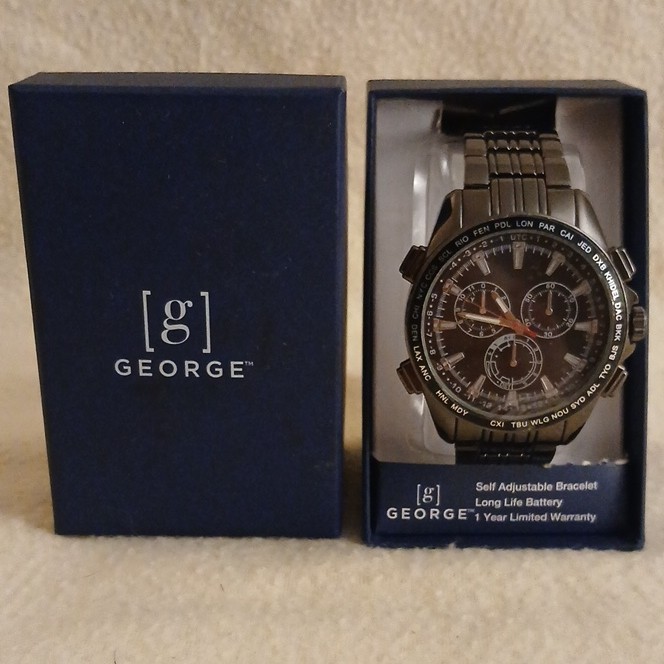 *NIB* George-Men’s Quartz Analog Black Silver-Metal Watch w/ Box Manual