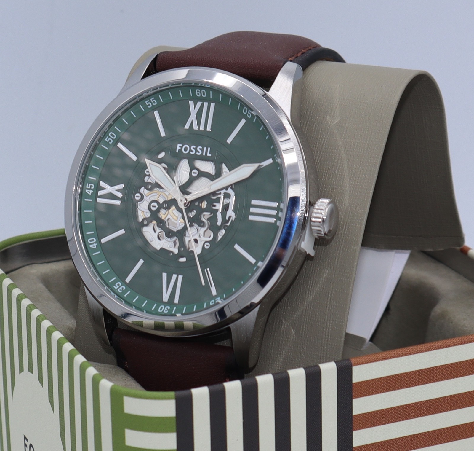 Fossil Flynn Silver Green Brown Leather Skeleton BQM7129 Men Watch