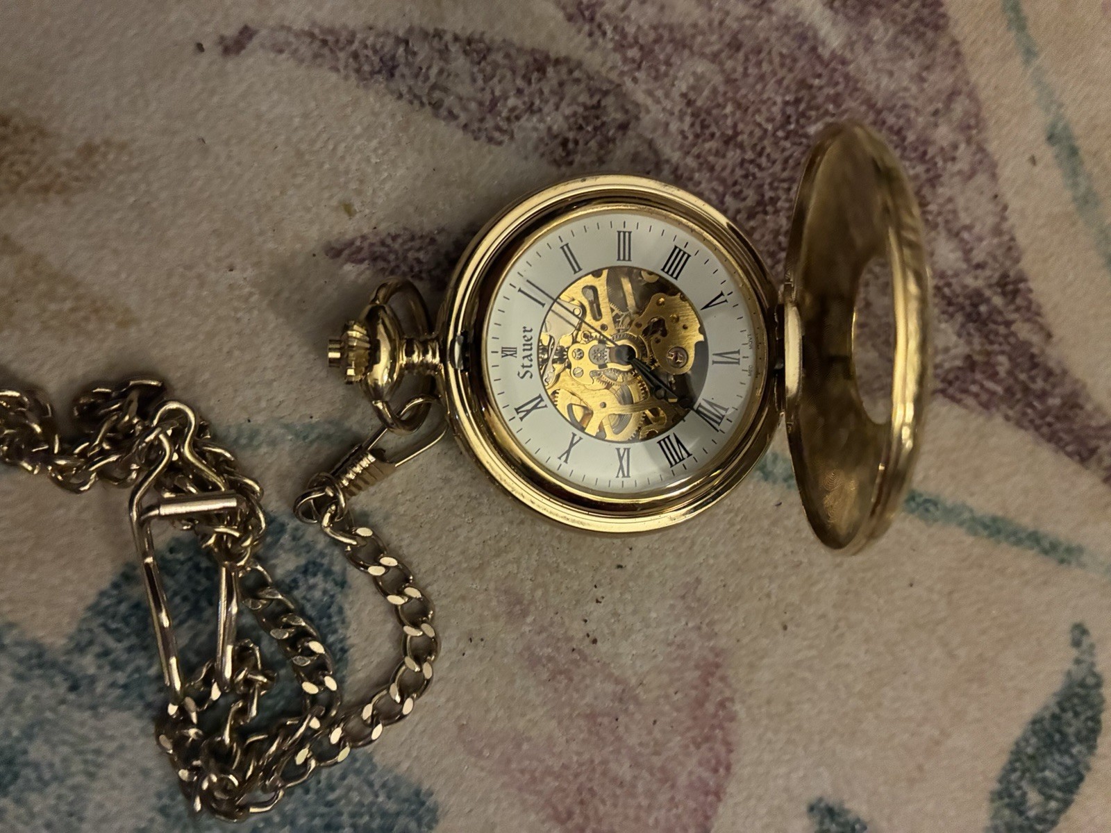 Full Hunter Skeleton Pocket Watch Roman Numerals Manual Mechanical Chain