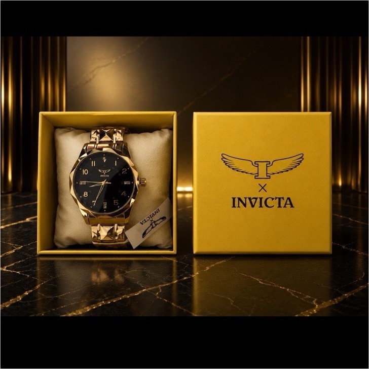 Invicta Men’s Analog Gold Tone Metal Bracelet Watch Black Dial Gem Markers Box