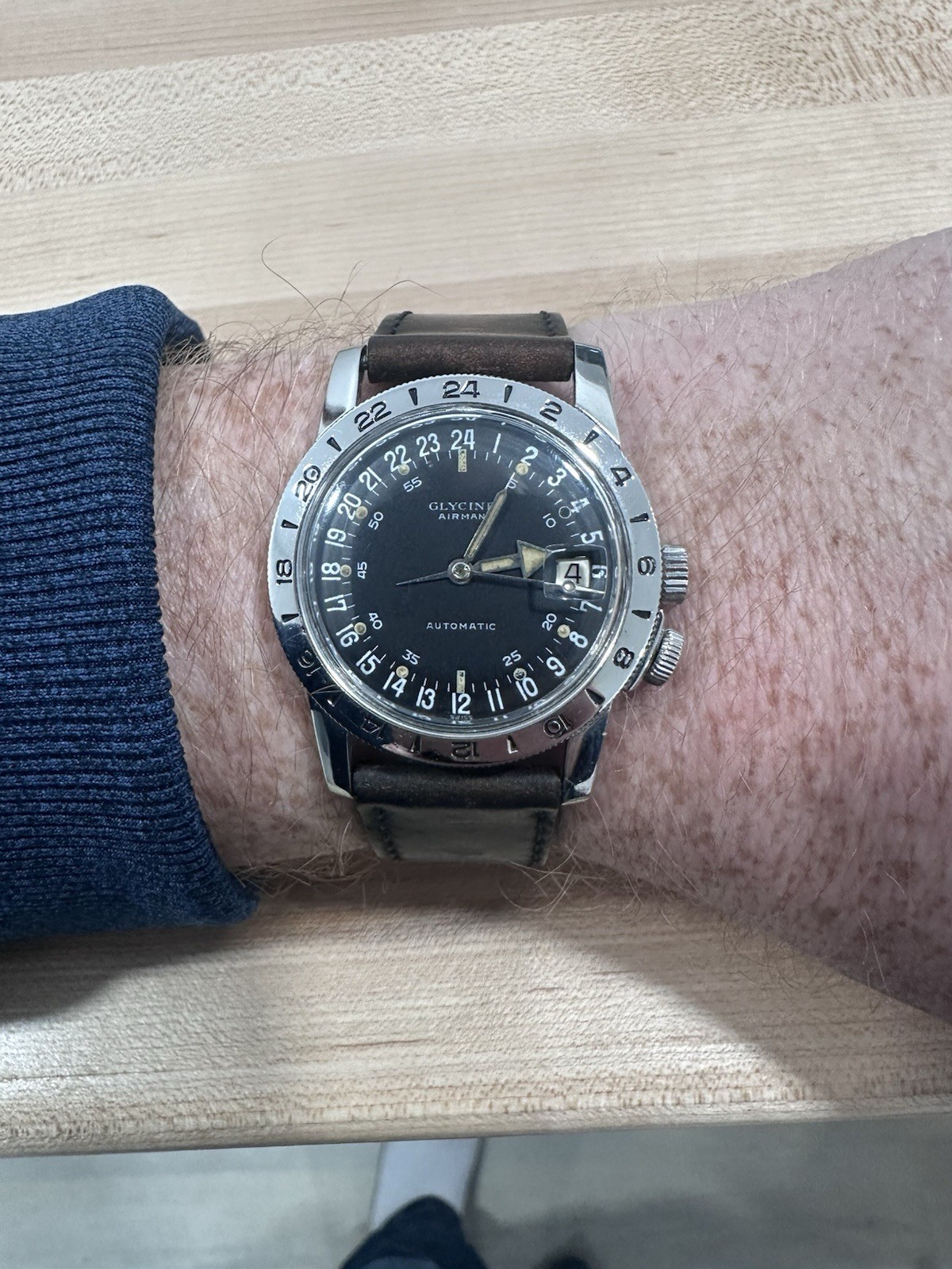 Vtg 1960s im Glycine Airman 36mm SS Automatic Pilot Men’s Watch 24hr dial.