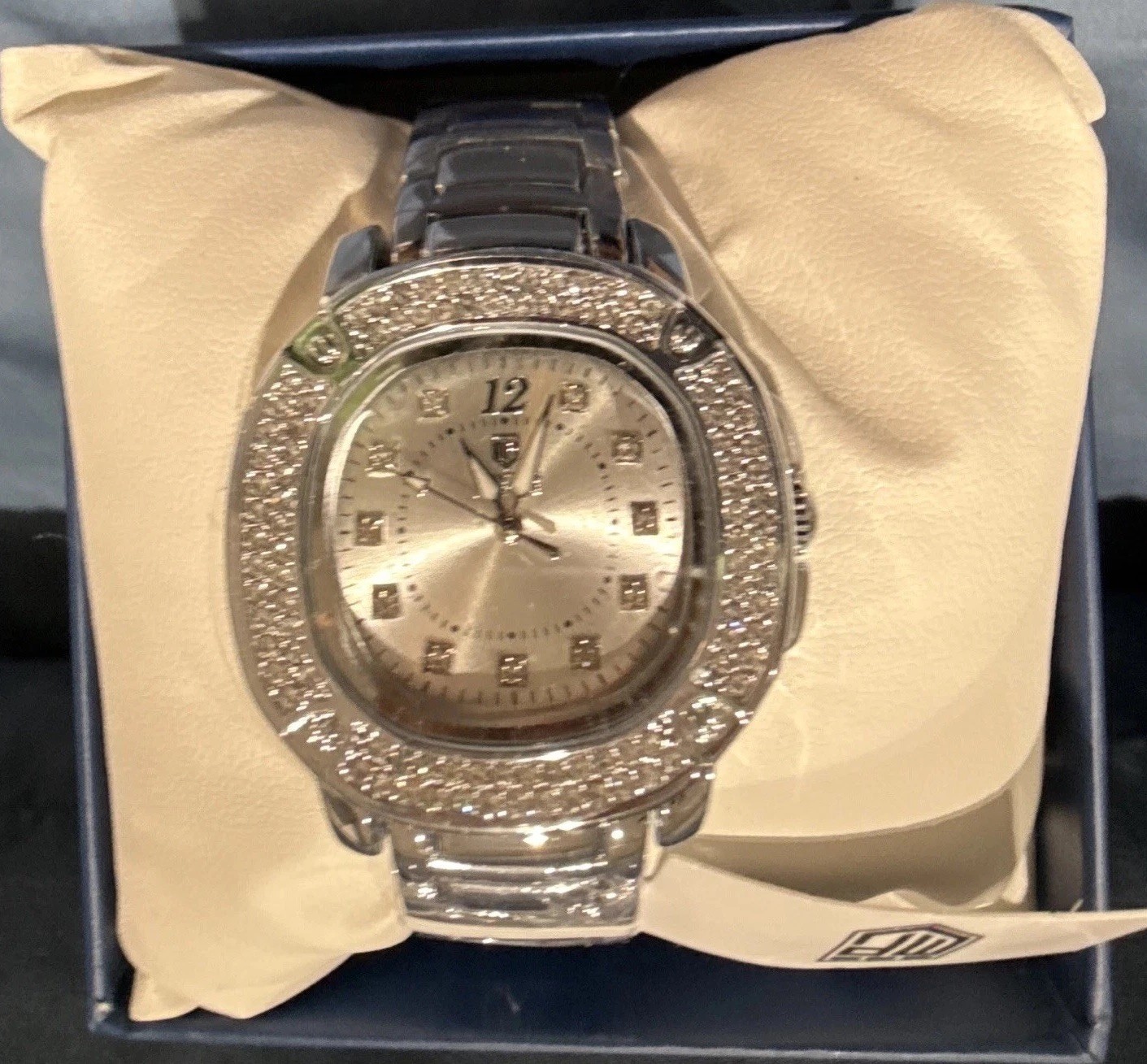 Montres Prestige Women’s Quartz Silver-Tone Analog Gem-Set Bezel Watch w/ Box