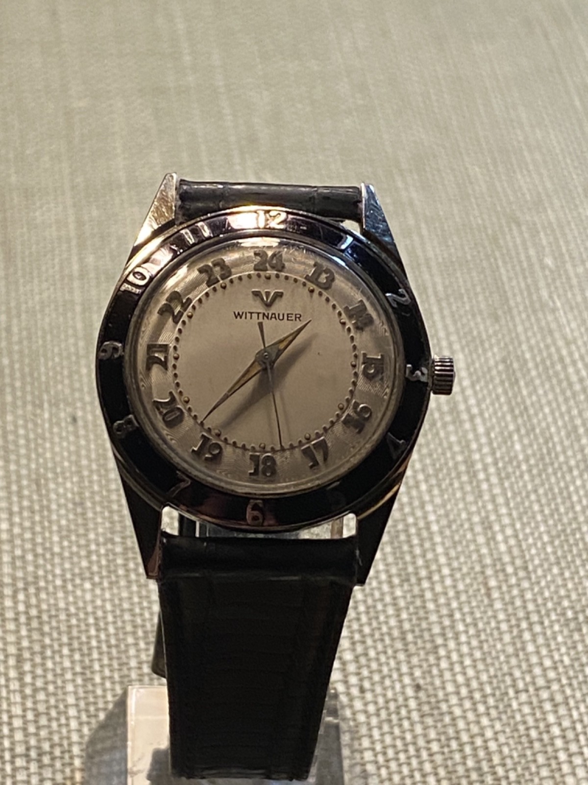 RARE ALL S. S. Wittnauer w/Enamel Bezel, 24Hr Guilloche Dial Watch; Runs well!