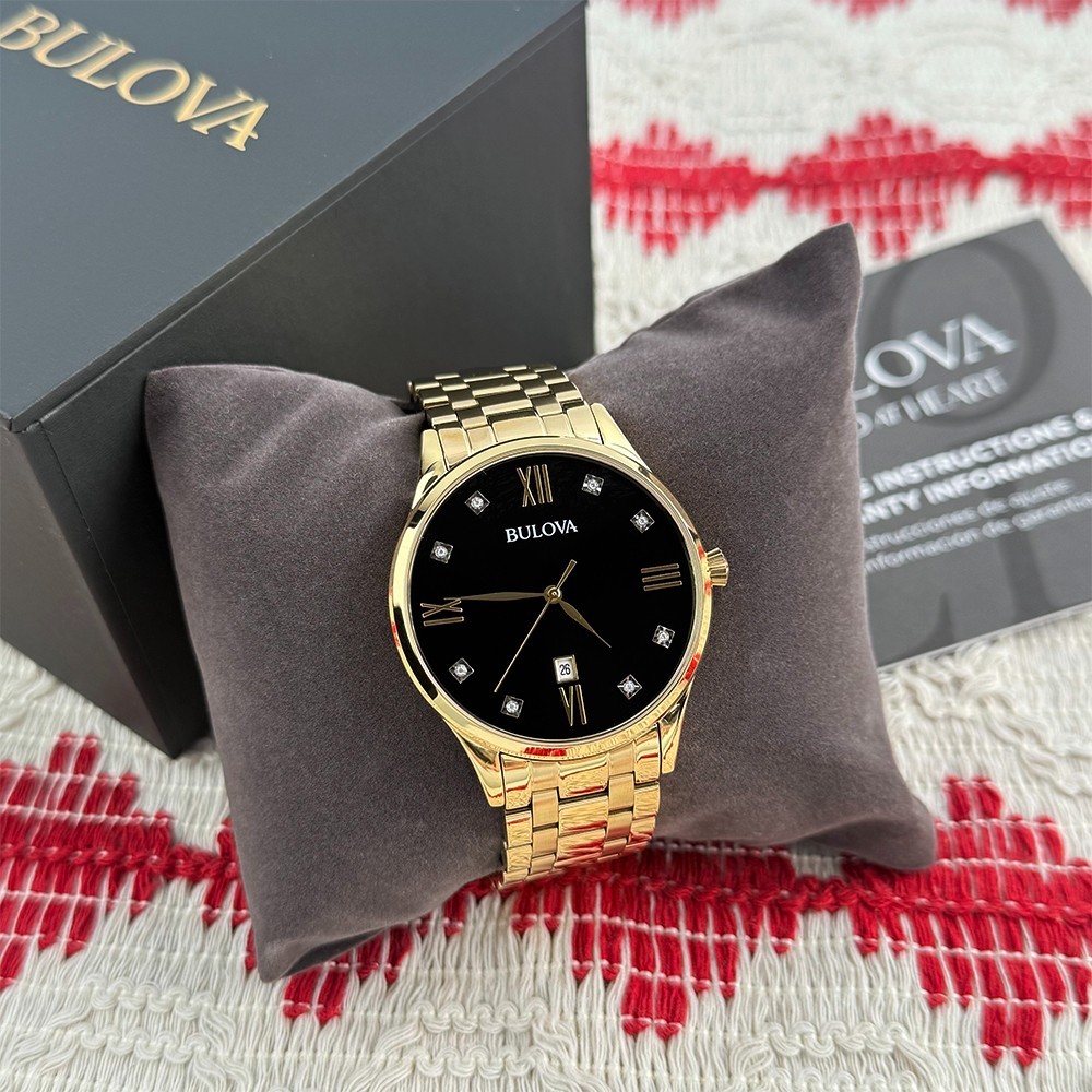 Classic Bulova Diamond 97D108 Black Dial Gold Bracelet Quartz Men’s Watch 40mm