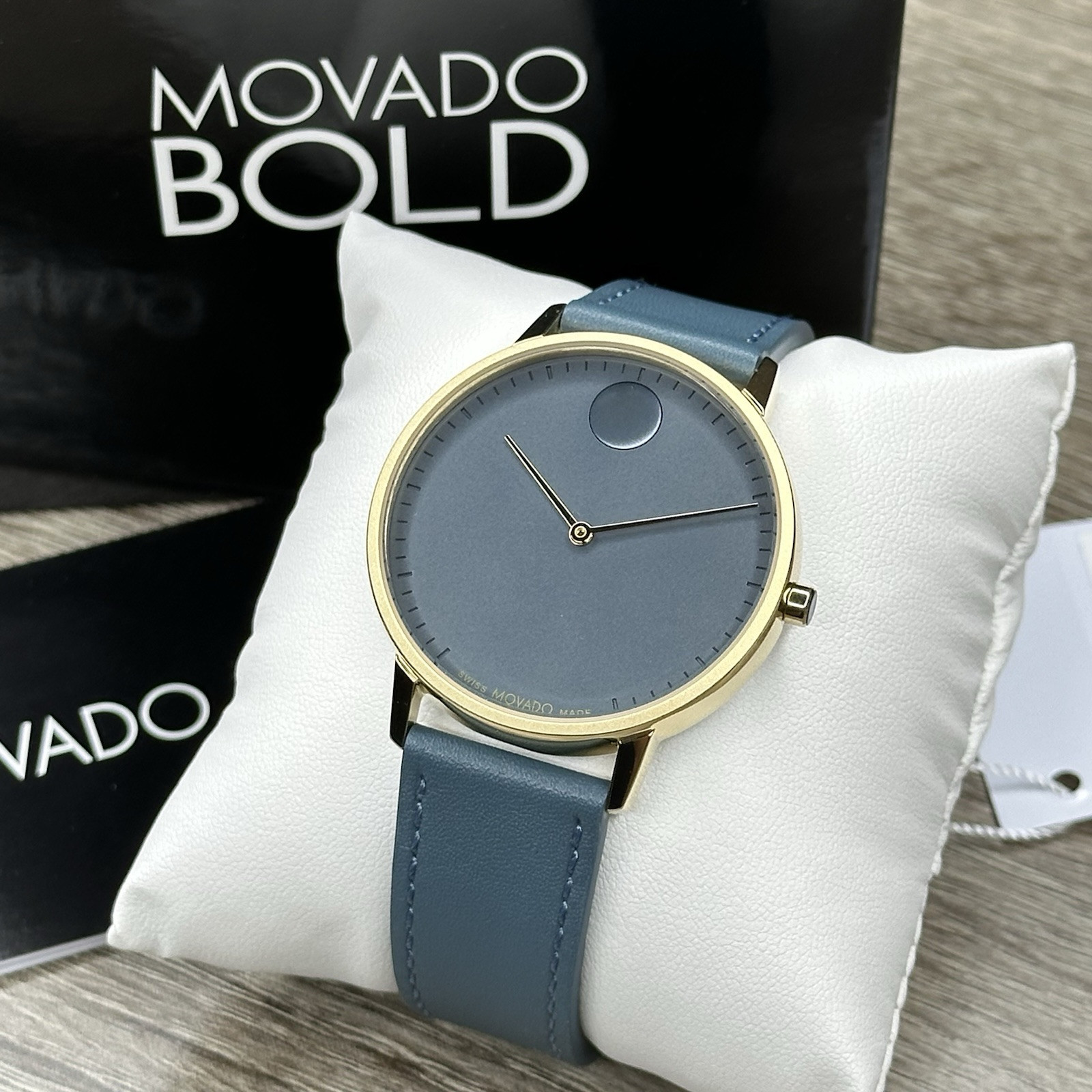 NEW✅SWISS✅ Movado FACE Gray Dial Teal Blue Leather 41mm Gold Men’s Watch 3640124