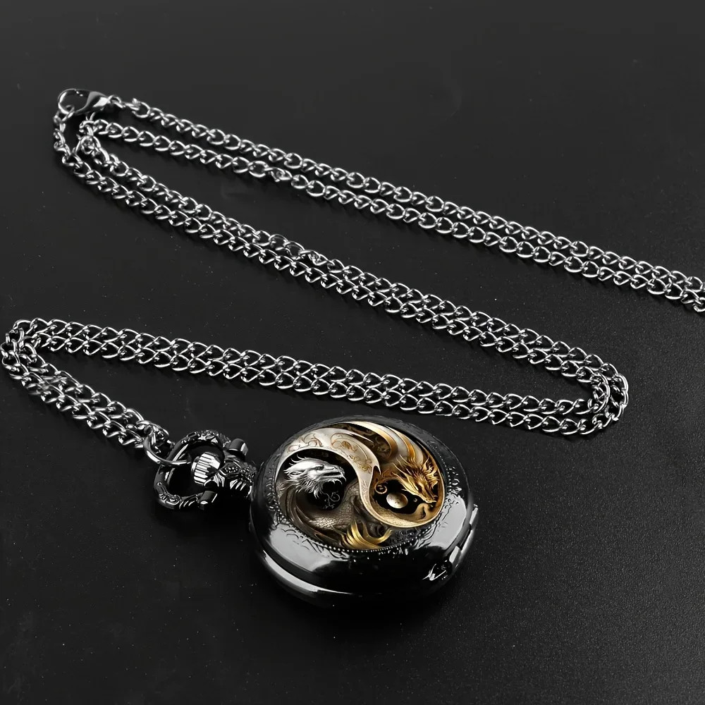 Retro Double Dragon Pattern Golden Silvery Quartz Pocket Watch Classic Style