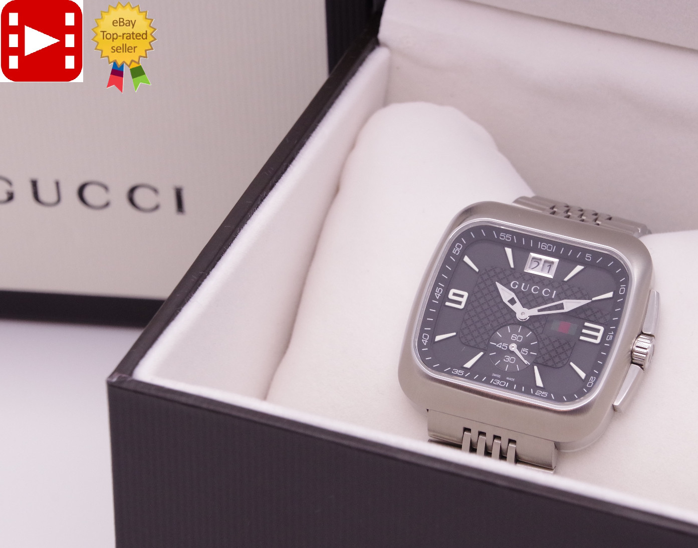 🎦New Batt [MINT w/Box] GUCCI Coupe 131.3 Black Dial Small Second Qz Men’s JAPAN