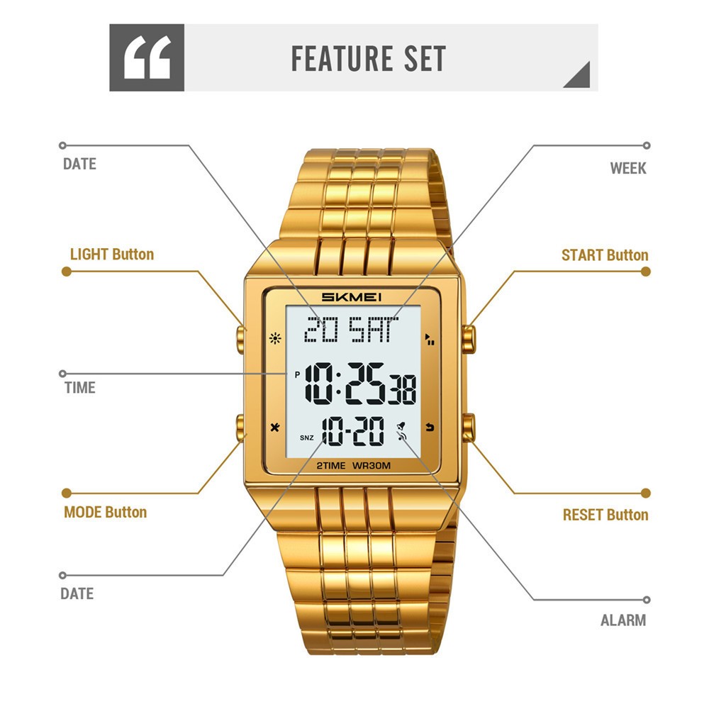 SKMEI Men Rectangle Watch Digital LED Wristwatch Steel Electronic Sport Watches