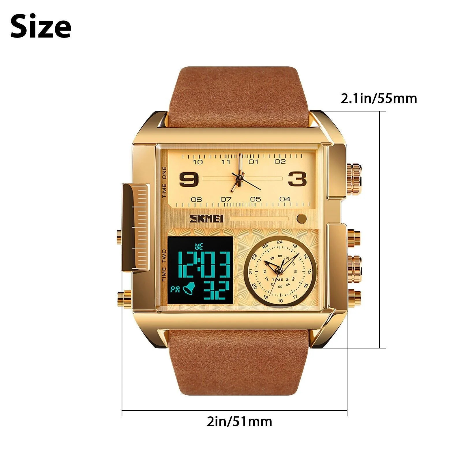 Men’s Triple Sub-Dial Quartz Watch Genuine Leather 3 Timezone Stopwatch Gold