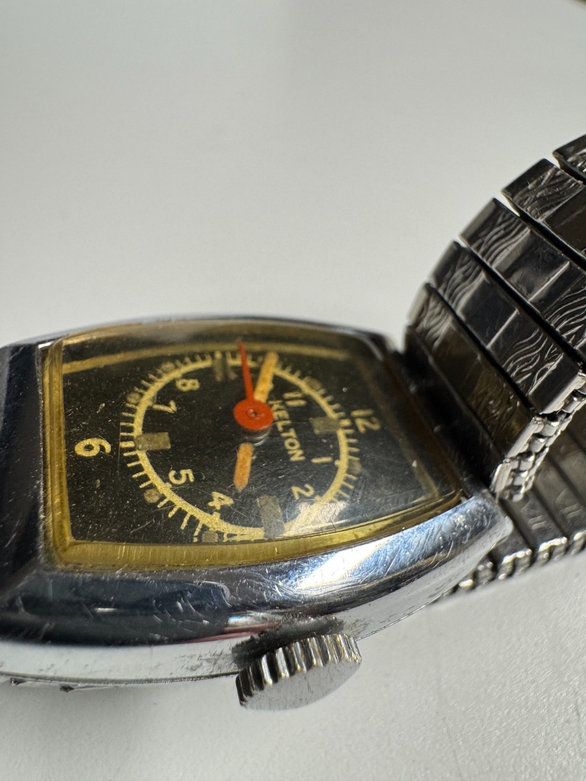 US Time/Kelton Vintage Black Dial Wind Up Tank Watch 26MM Runs Good