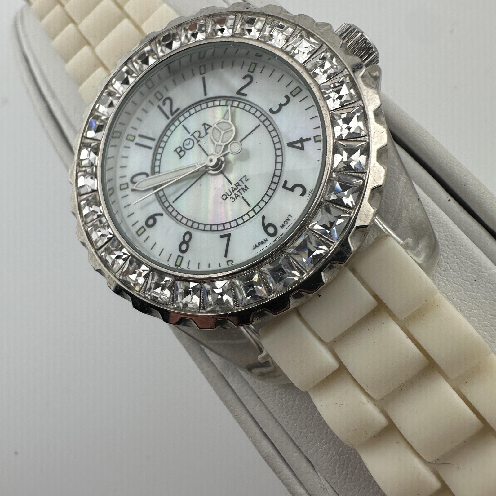 BORA Womens Watch 38mm White MOP Dial Crystal Bezel Silicone Band Quartz