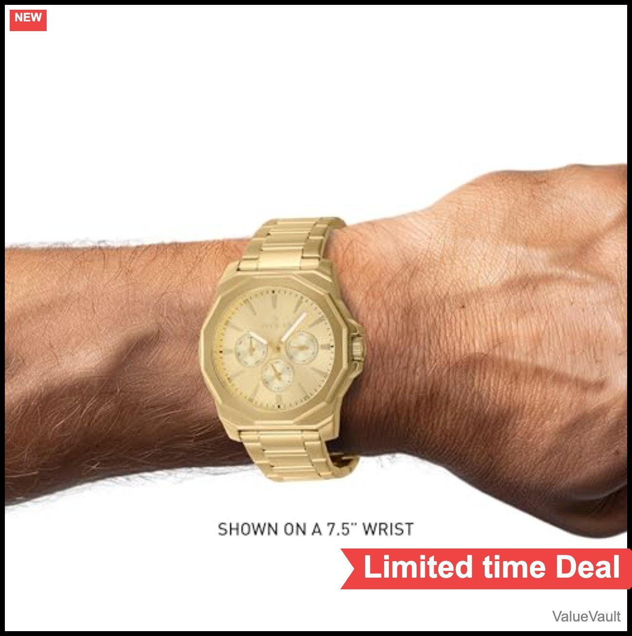 Men’s Quartz Watch 42mm Gold Stainless Steel Band 22mm Fold Over Clasp Push