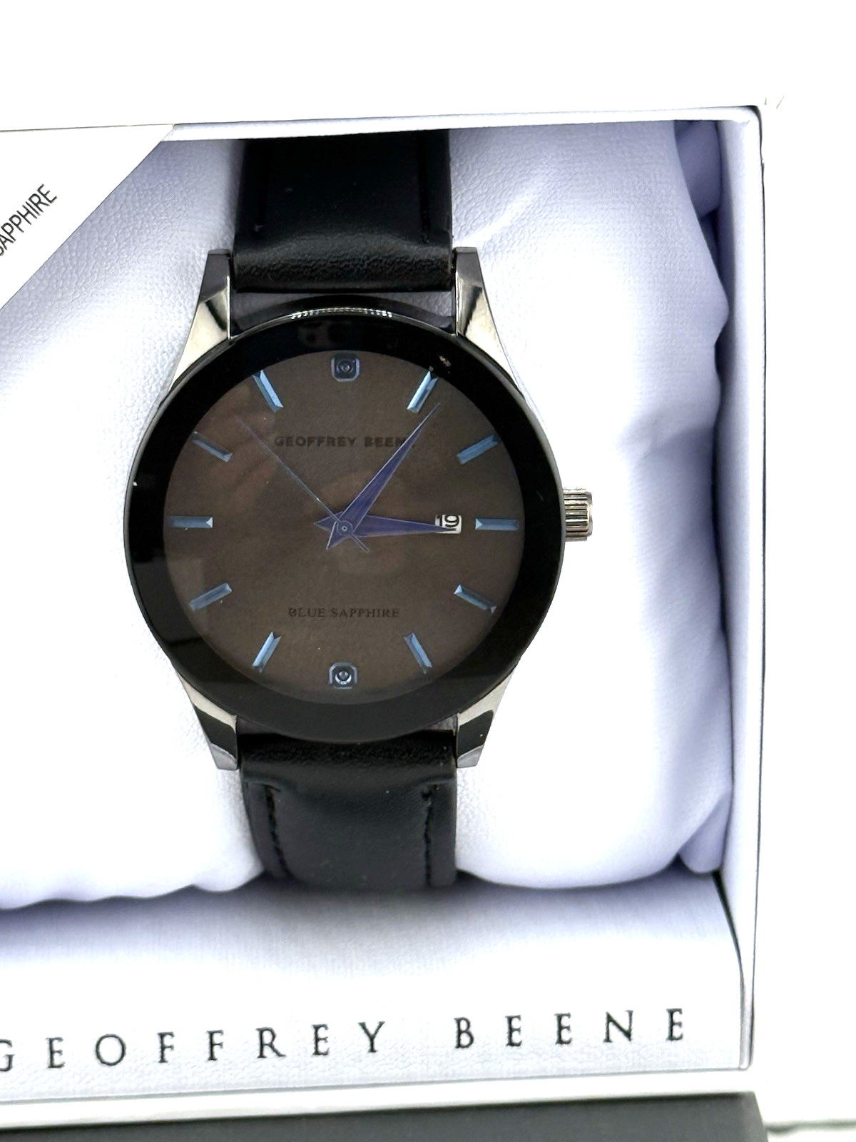 NIB Geoffrey Beene Blue Sapphire Men’ Black leather band Wristwatch