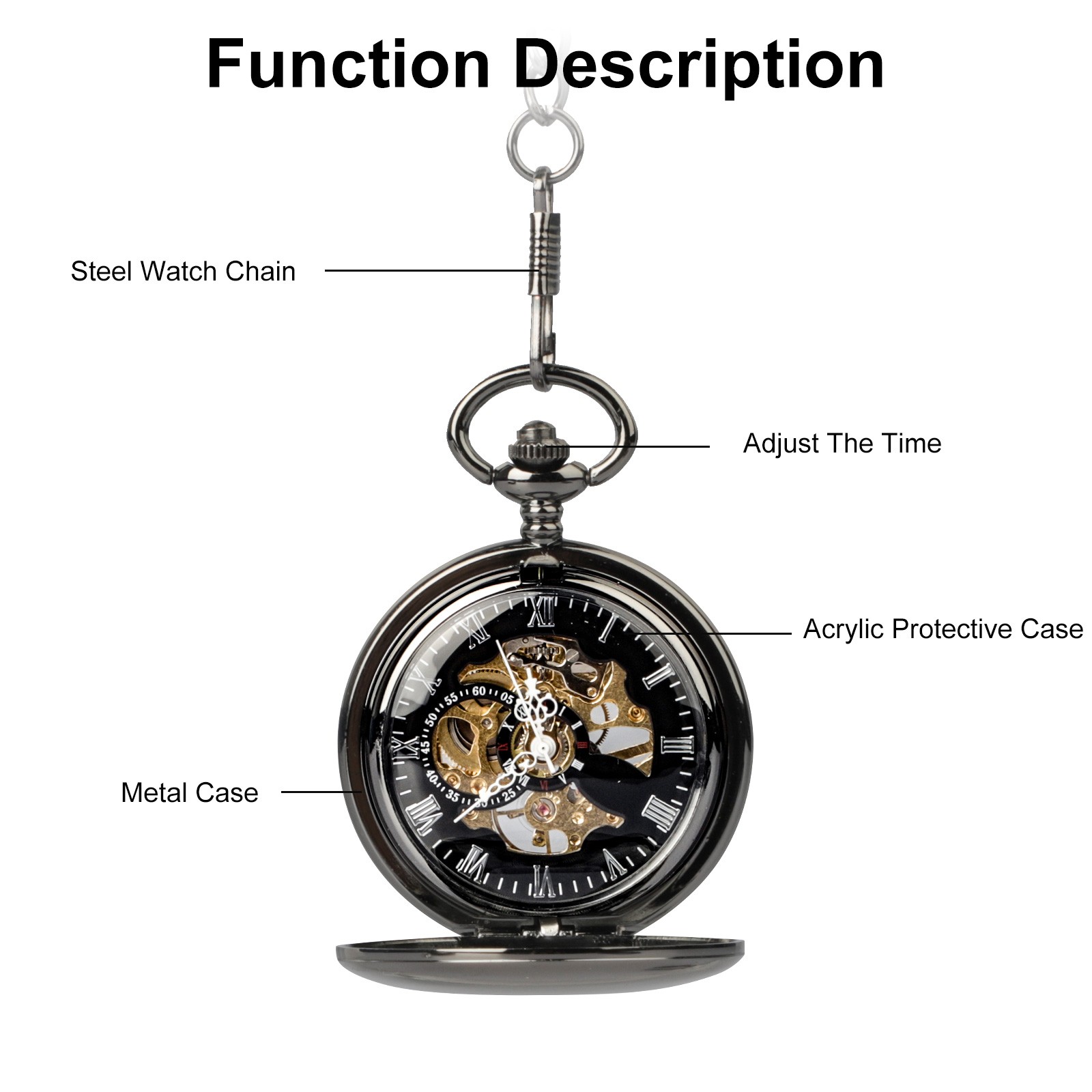 Mens Pocket Watch Mechanical Black Steampunk Skeleton Retro Chain Luxury Classic