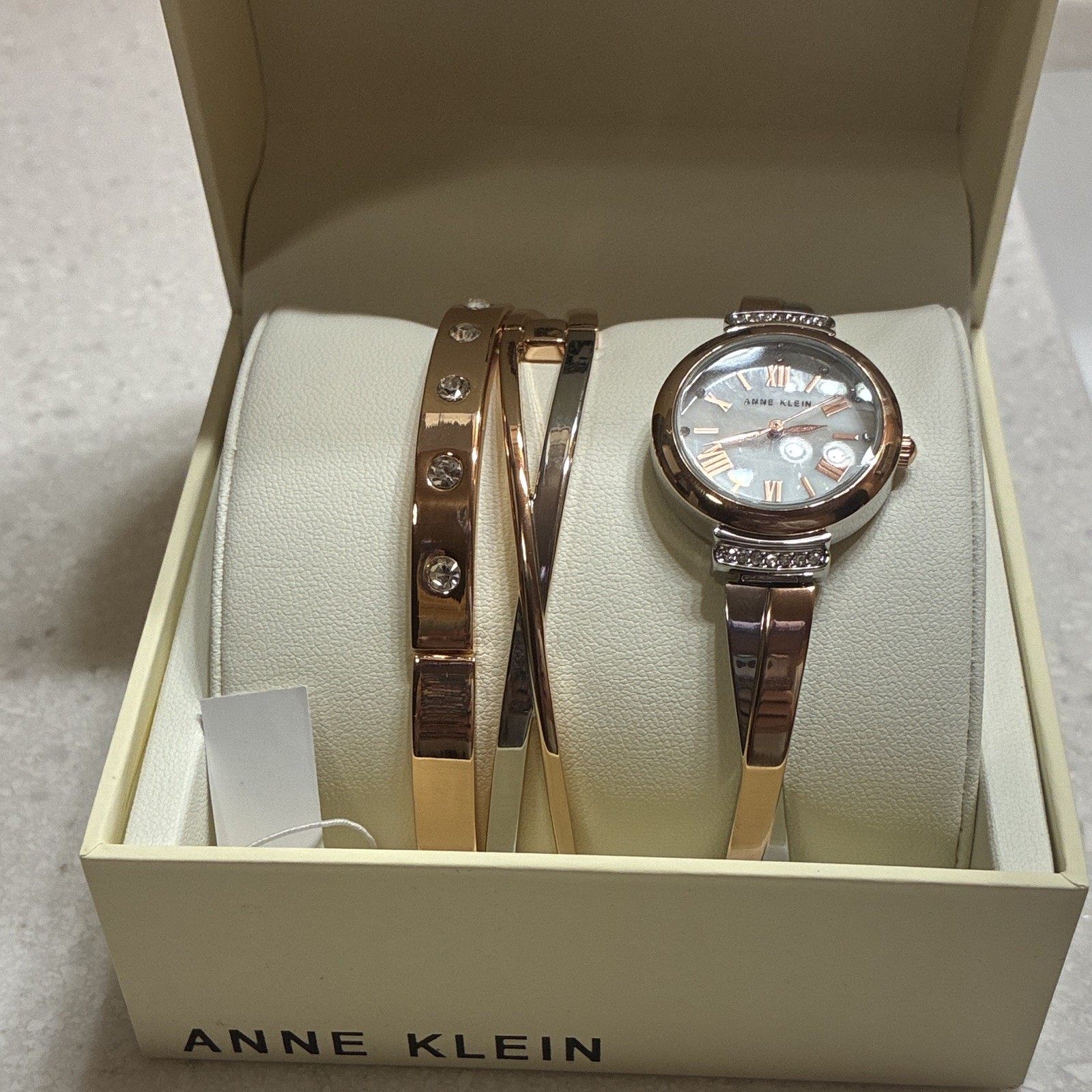 Anne Klein Diamond Accent Quartz Rose Gold Tone Watch & Bracelet Set w/ Box
