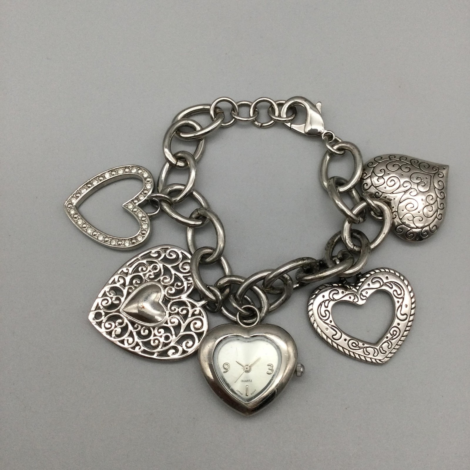 Heart Womens Watch 26mm Heart Shape Dial Silver Tone Charm Bracelet 8.25″