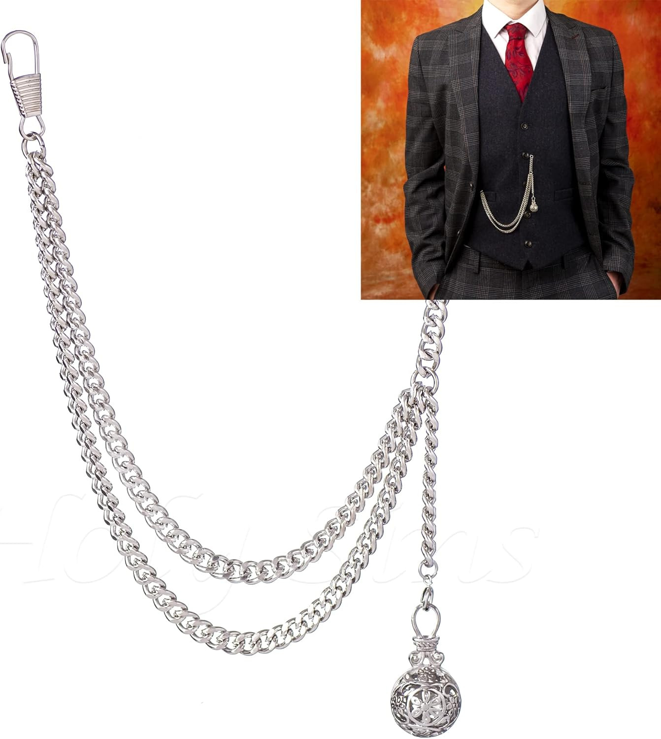 Handmade in the UK Silver Colour Single Albert Pocket Watch Chain with Pendant