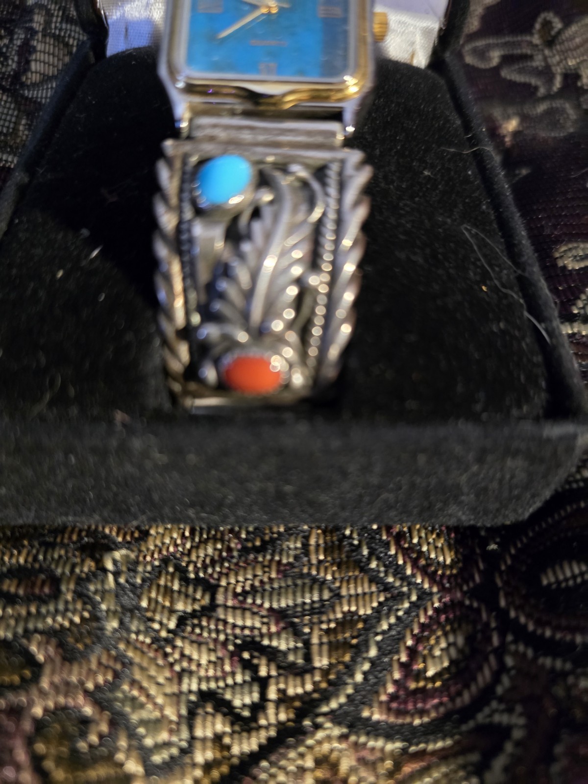 Navajo Native Skywat Co. Ladies Sterling Silver Tuquoise And Coral Watch.