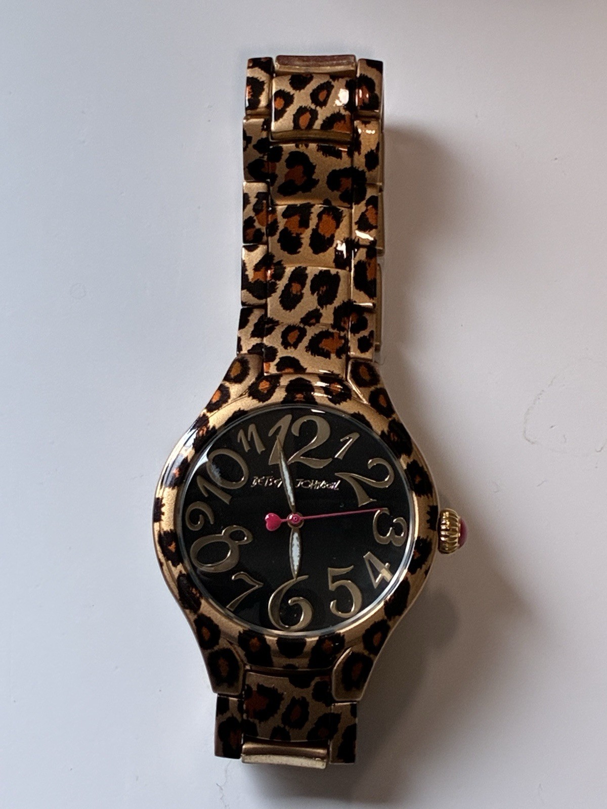 Betsey Johnson Leopard Watch Crystal Bezel Pink Print Case Heart Hand