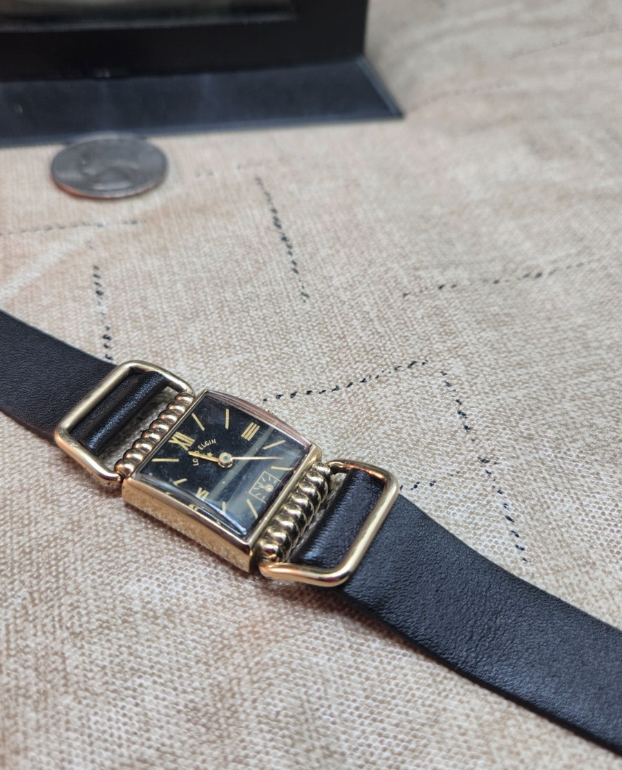 Vintage Lord Elgin Drivers Gold Filled 21J Black Dial Wristwatch 626 NS
