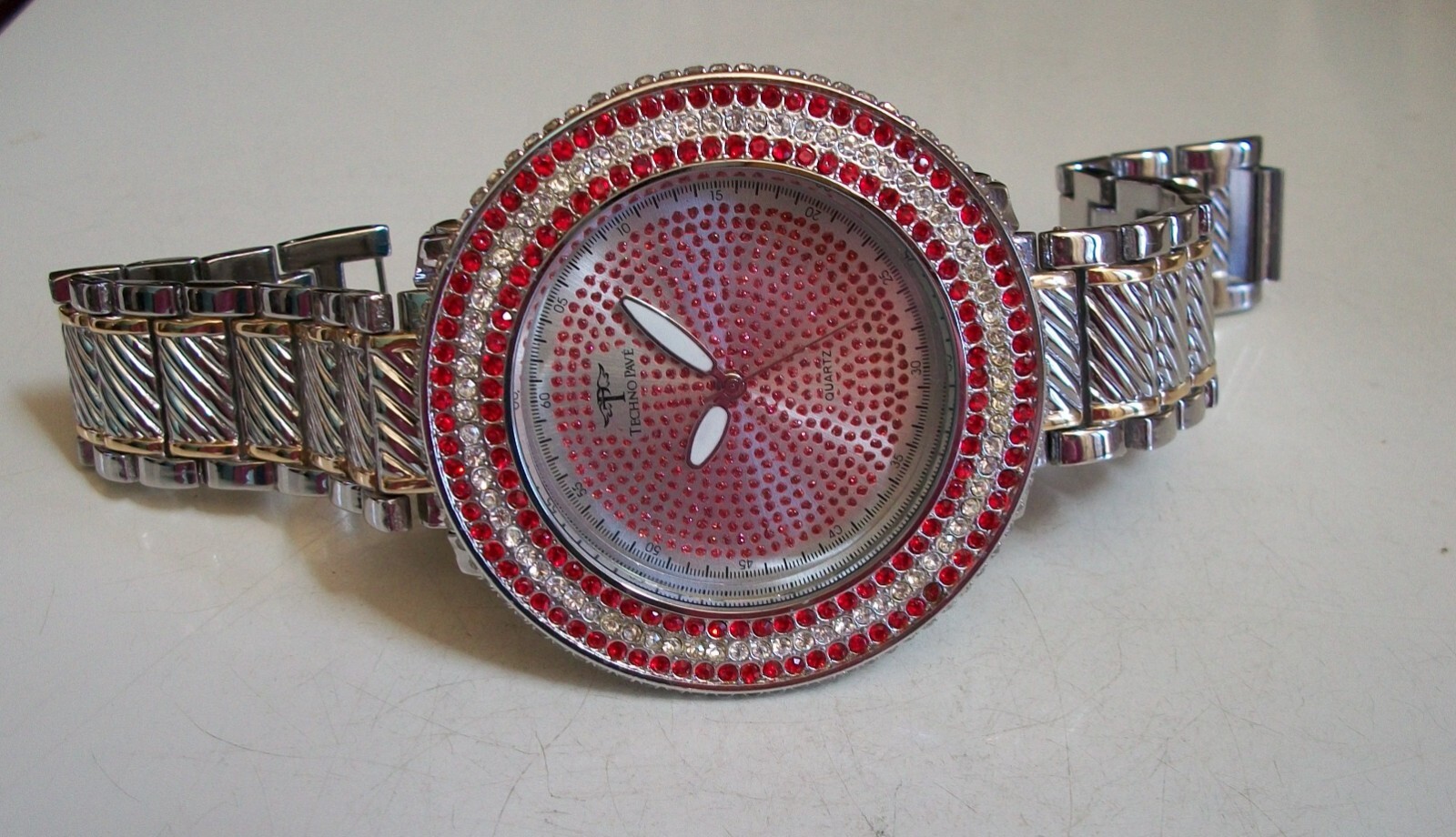 Men’s Gold & Silver Finish Clear & Red Bling Fashion Dress Up Party Watch
