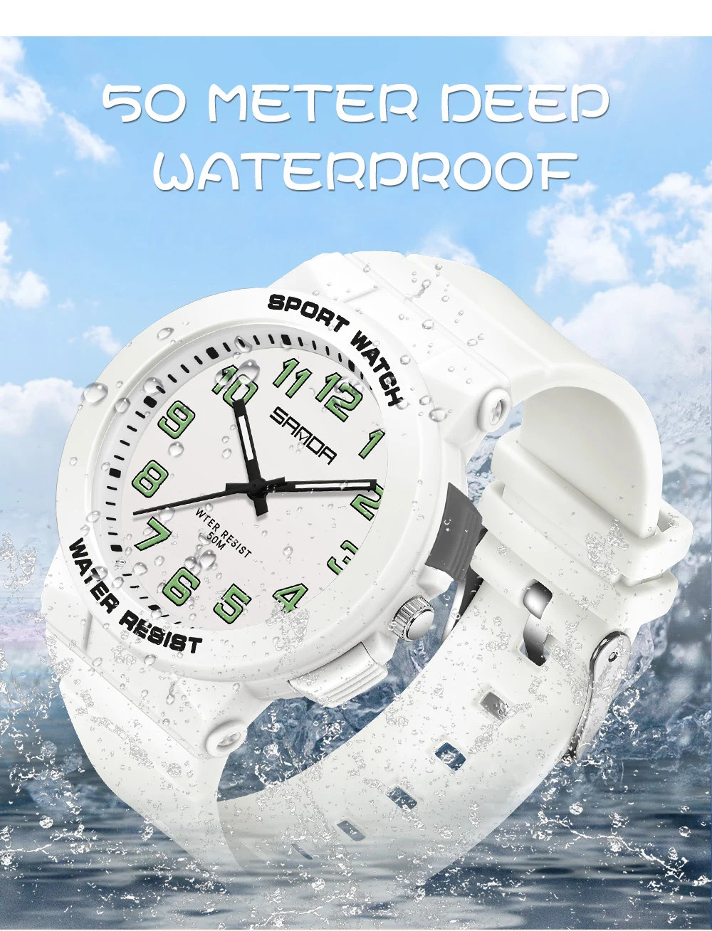 Sanda 6123 Trendy Design Soft Student Watch TPU Strap 50M Depth Waterproof