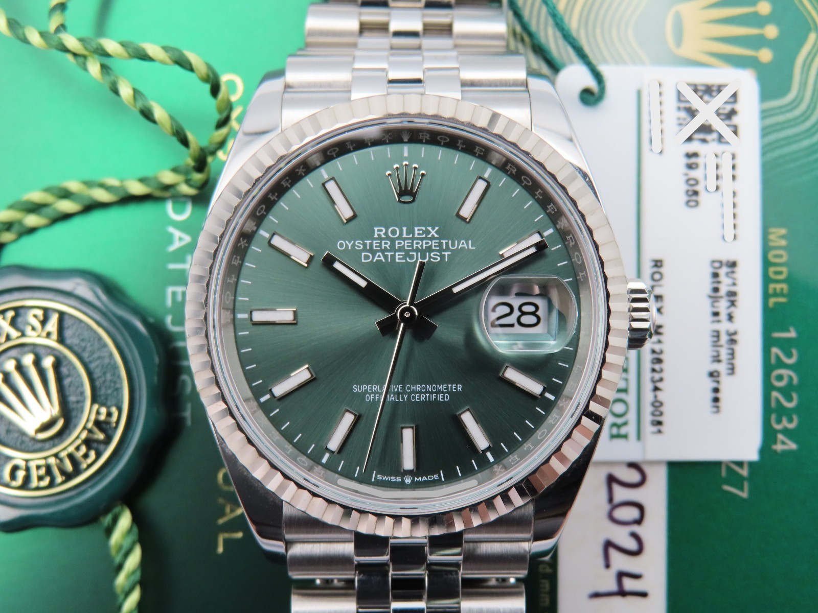 2024 Rolex Datejust 36 126234 Mint Green Fluted Jubilee Wristwatch Full Set