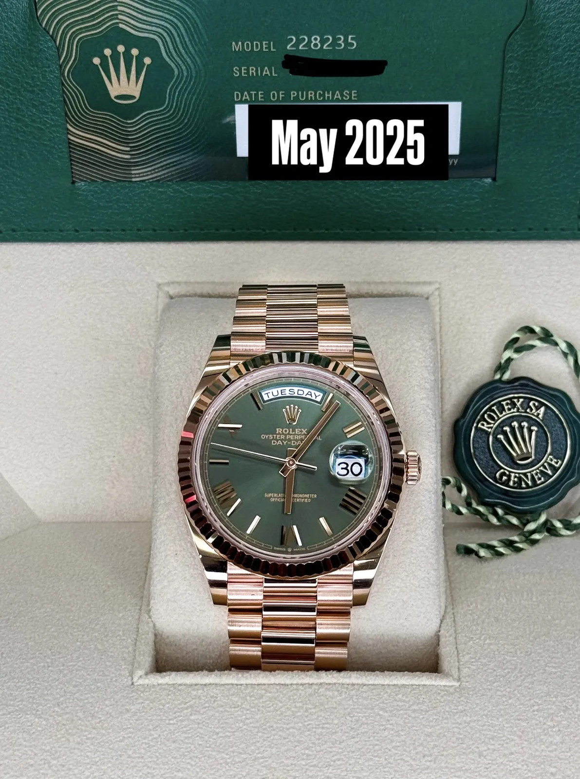 2025 Rolex Day-Date 40 Olive Dial on President 228235 Complete