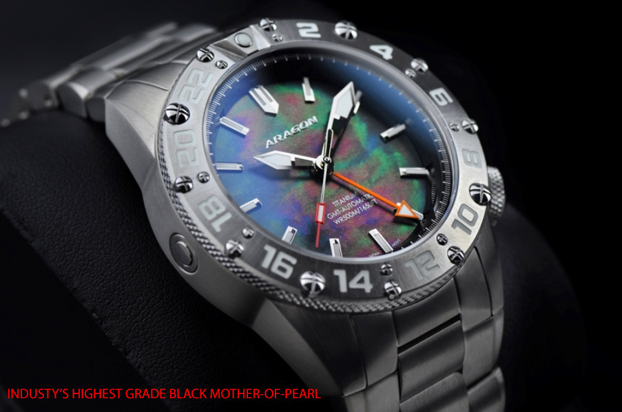 NEW! Aragon Enforcer True GMT Titanium Black MOP Dial 44mm Watch A702BLK