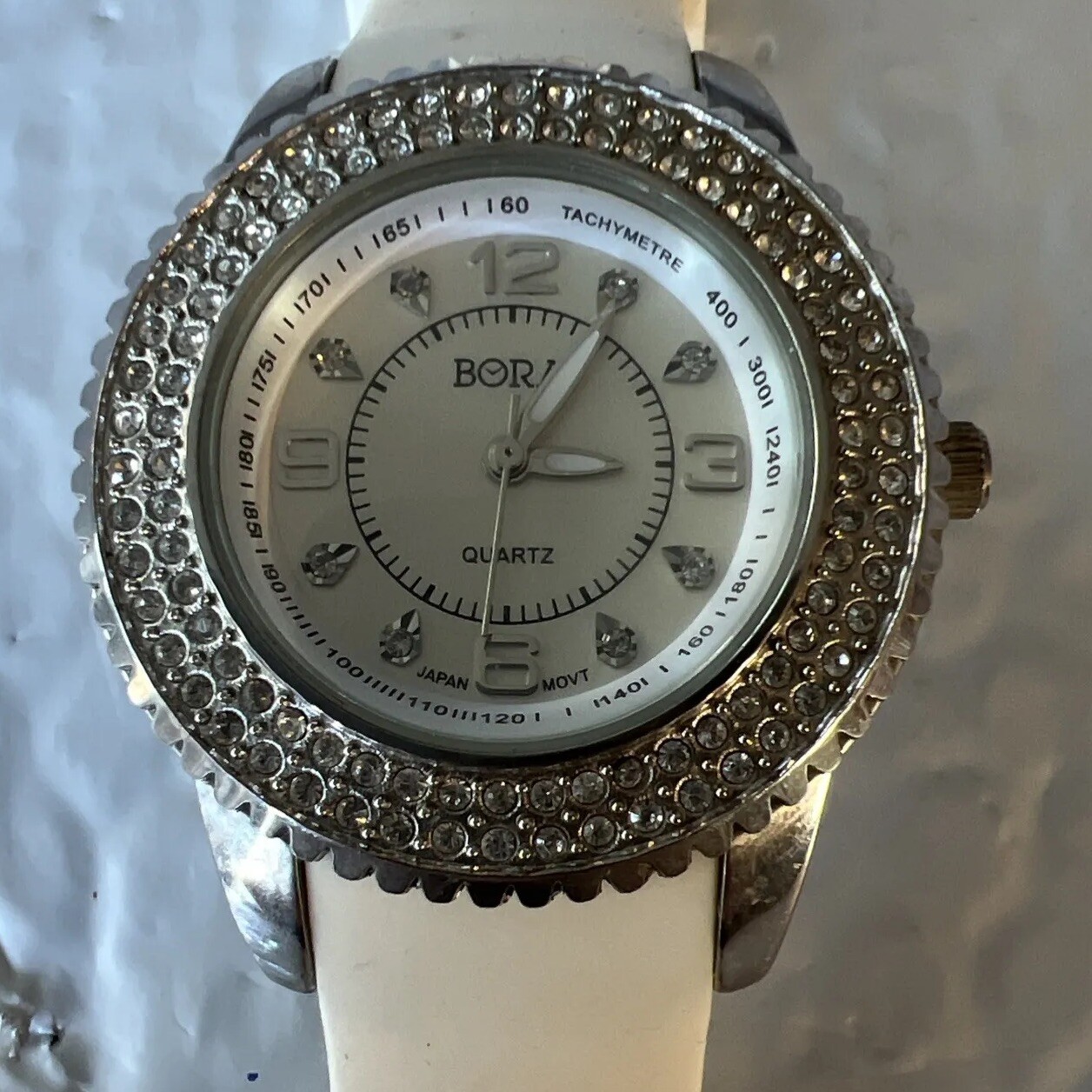 Bora Watch Womens Silver Tone Gem Set Bezel Round Dial 38mm White Band