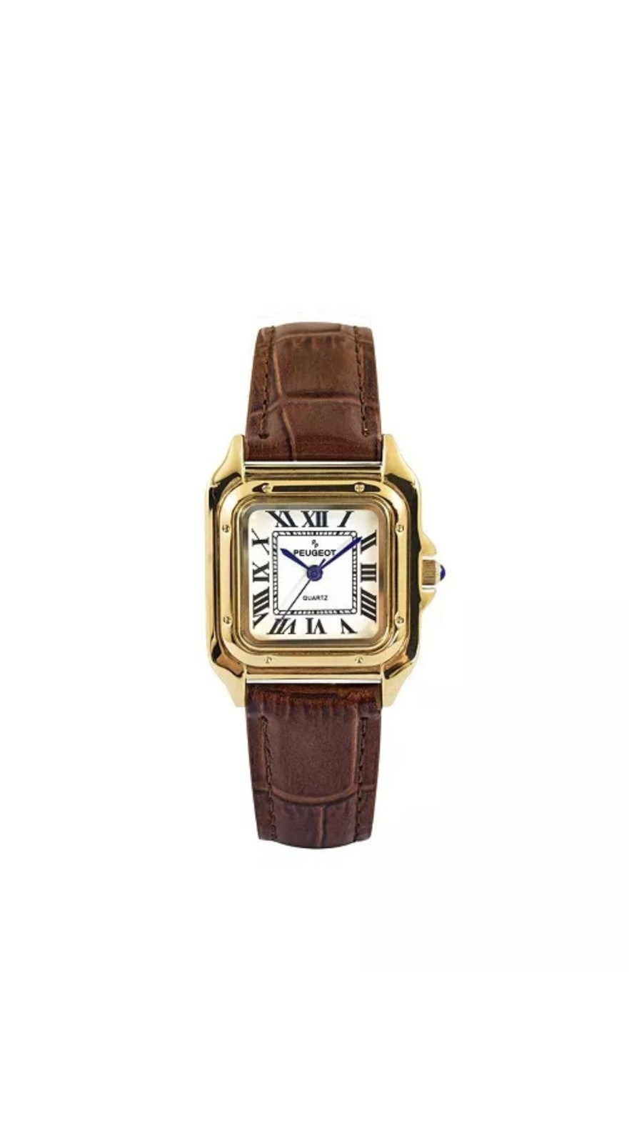 Women’s 14K Gold-Plated 32mm Peugeot Tank Shape Brown Leather Strap Watch