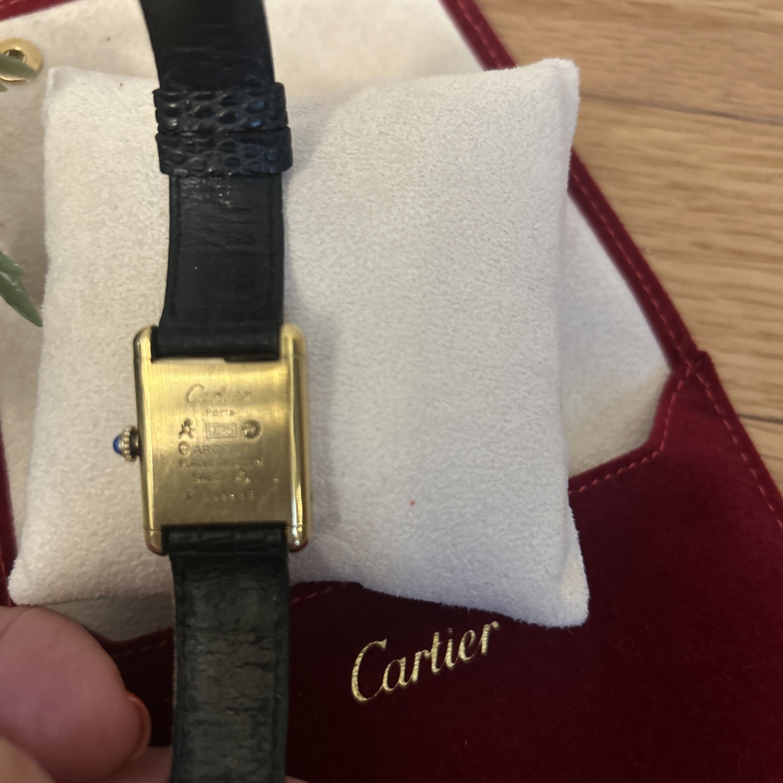 rare MUST DE CARTIER Black Dial White Roman Numerals YG Black Strap Tang Buckle