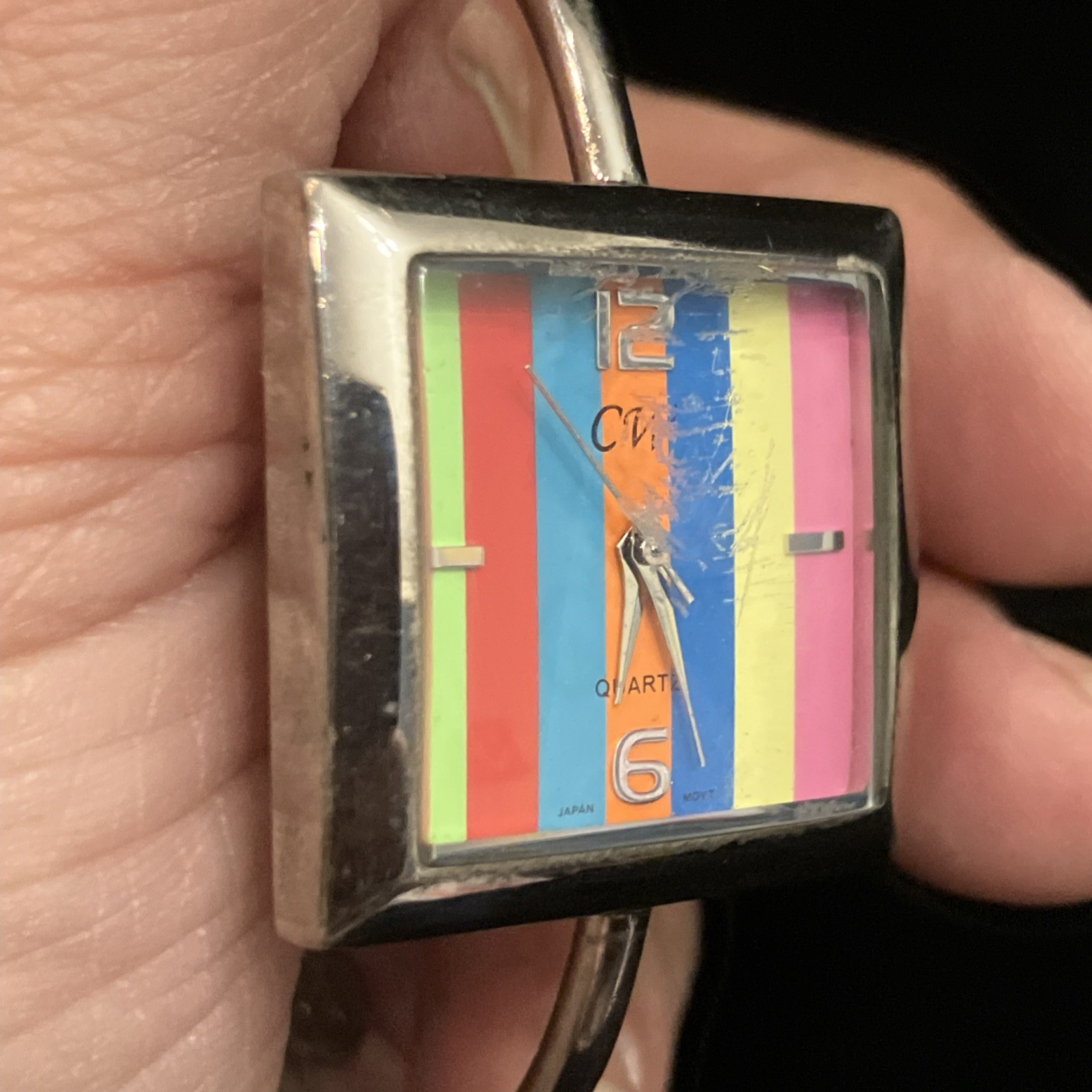 CW Red Green Blue Yellow Square Face Striped Rainbow Watch Stainless Steel Works