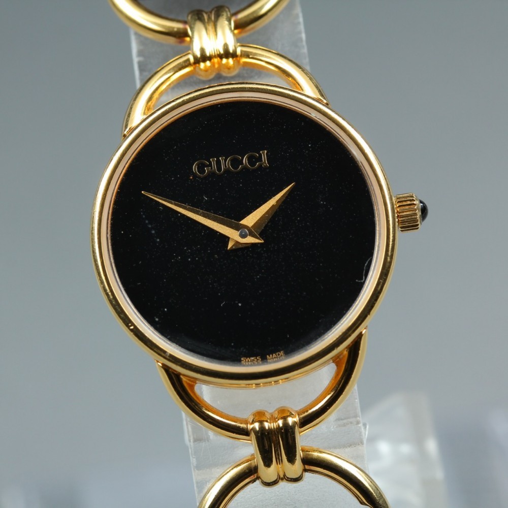 Near MINT GUCCI 6000.2.L Black Dial Gold GP Horsebit Quartz 23mm Ladies Watch