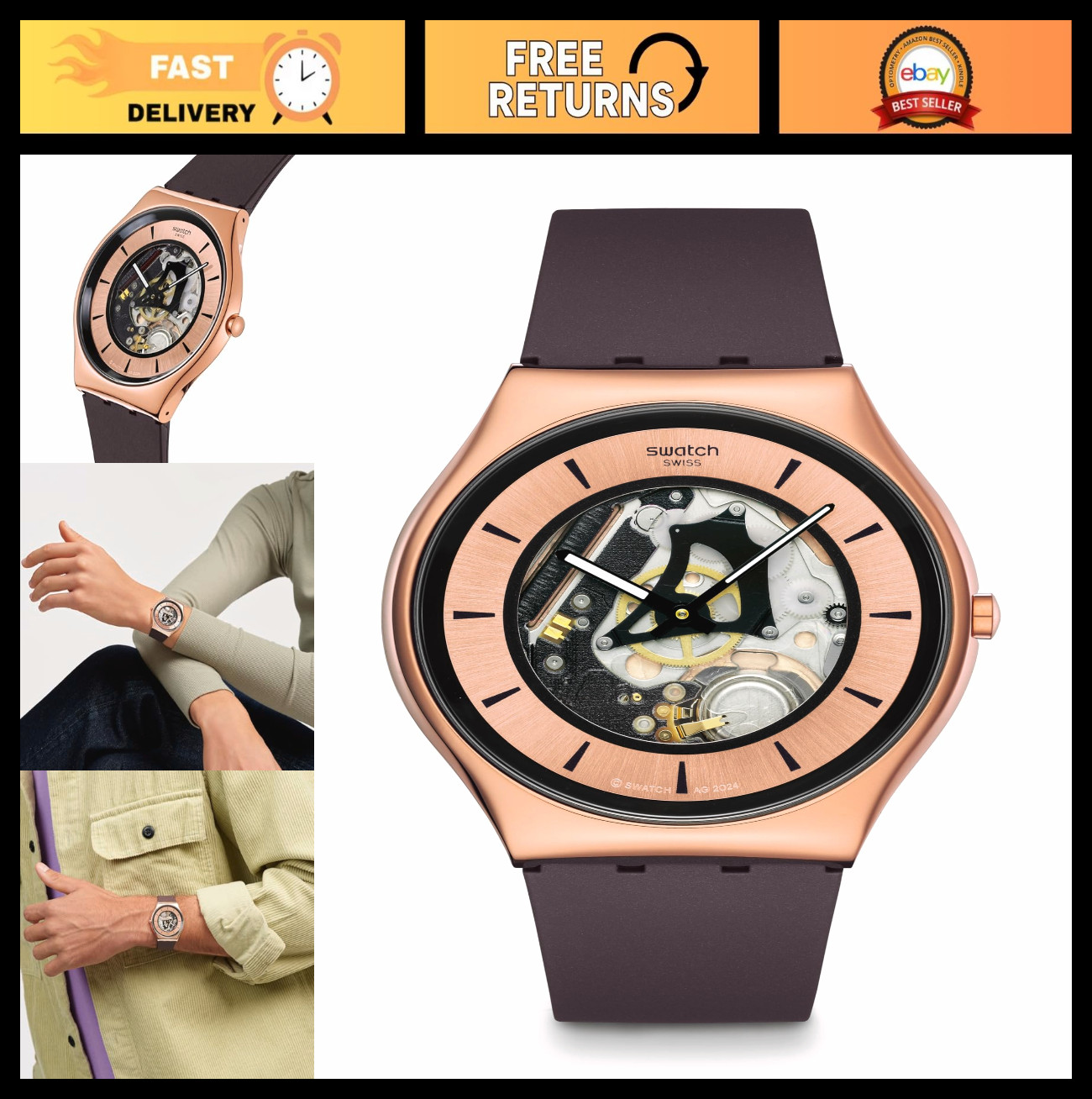 Unisex Waterproof Quartz Watch – Casual Brown Polymer, 42mm Lacquered Design