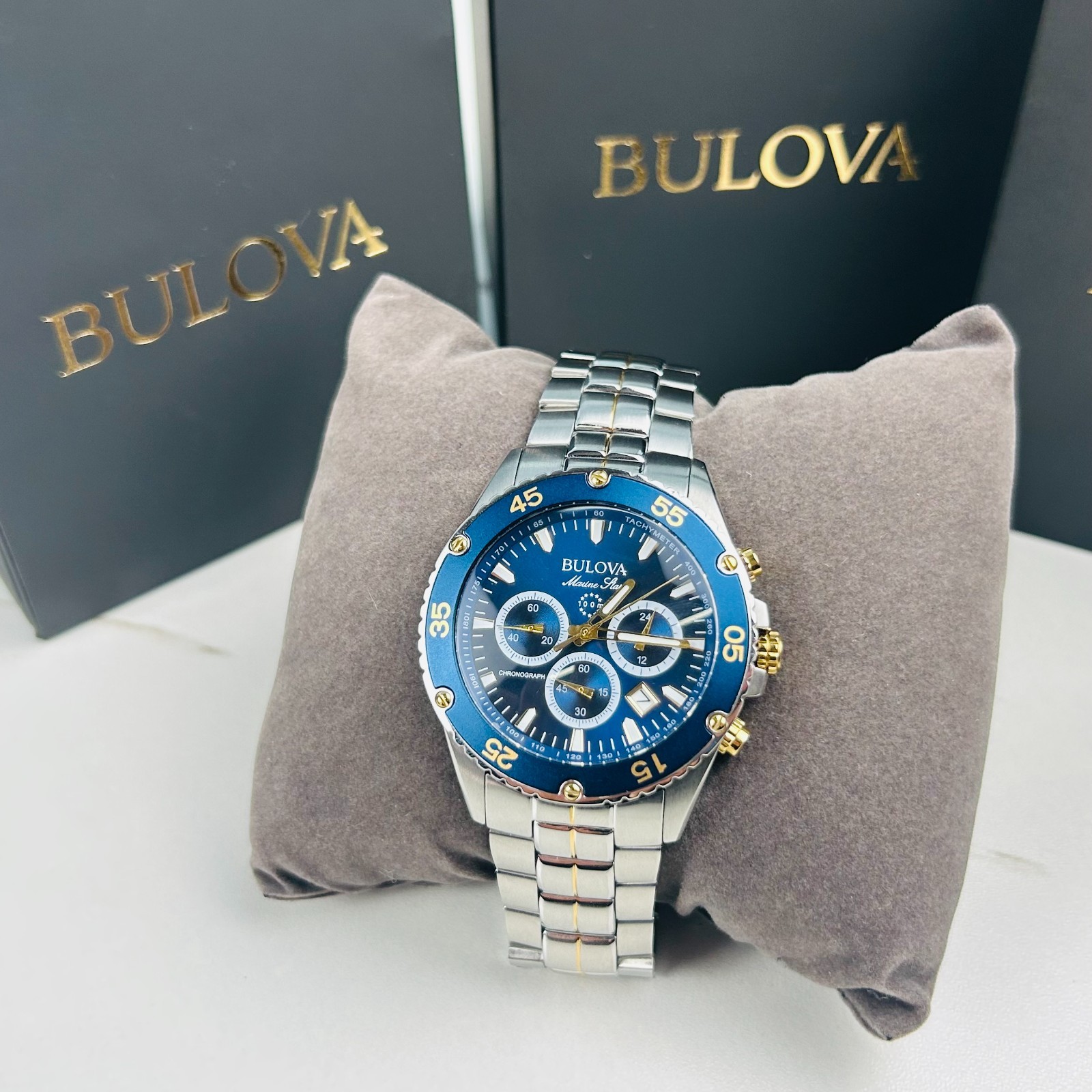 Bulova Marine Star 98B400 Men’s Blue Dial Stainless Chronograph Quartz Watch New