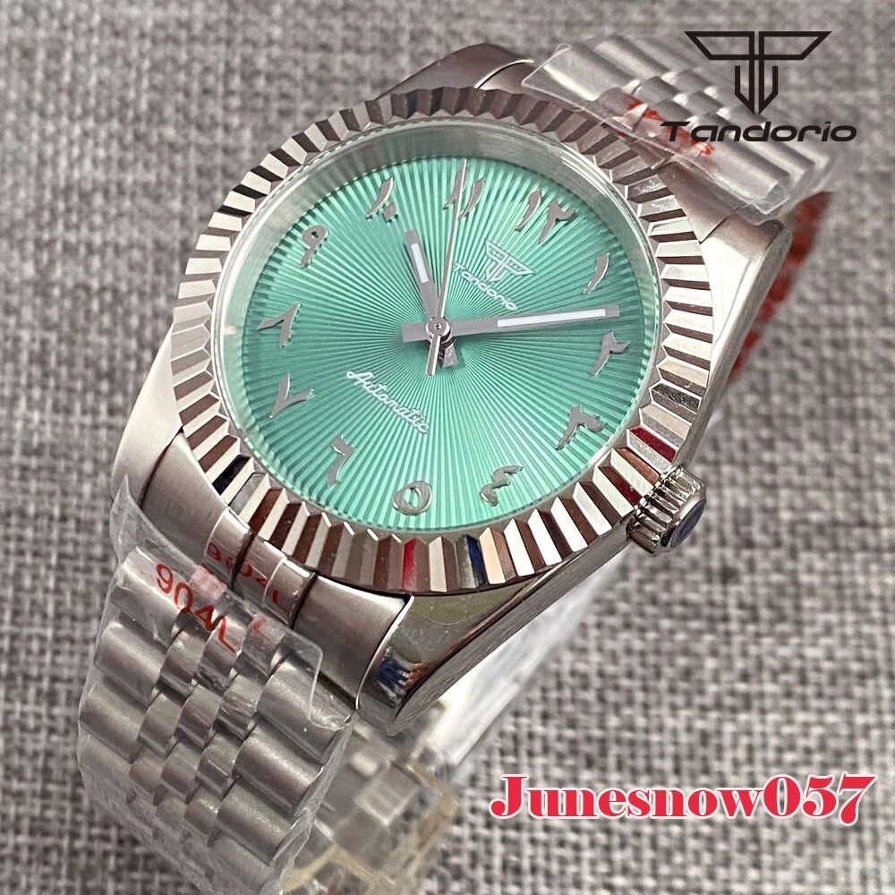 Fluted Bezel 200m Waterproof 36MM Mint Green Arabic NumeralWatch NH35 Auto DateJ